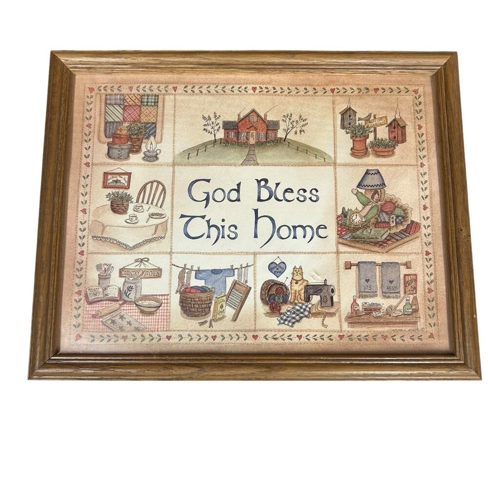 Vtg God Bless This Home Frame Wall Art Picture Anna Scott Folk Art Country 11x14 - Picture 4 of 7